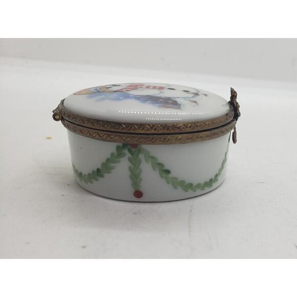 Vintage Limoges Porcelain Trinket Jewelry Box Snowman Holly Christmas Hand Paint - Picture 10 of 14